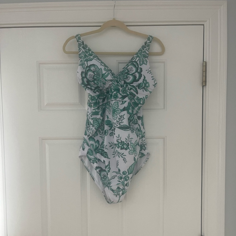 BloomChic White Swimsuit with Green Floral Accents with Matching Skirt